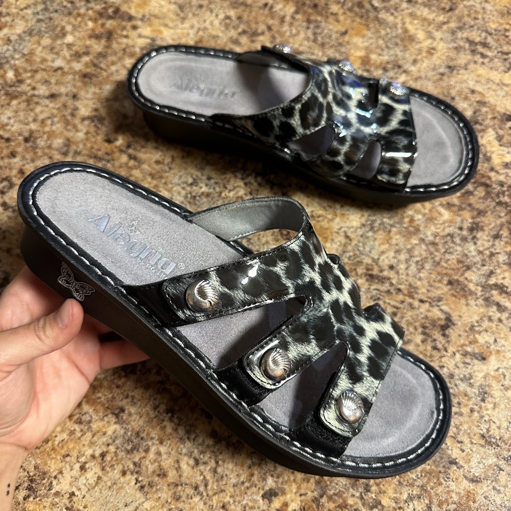 Alegria Black and Gray Leopard Print Sandals